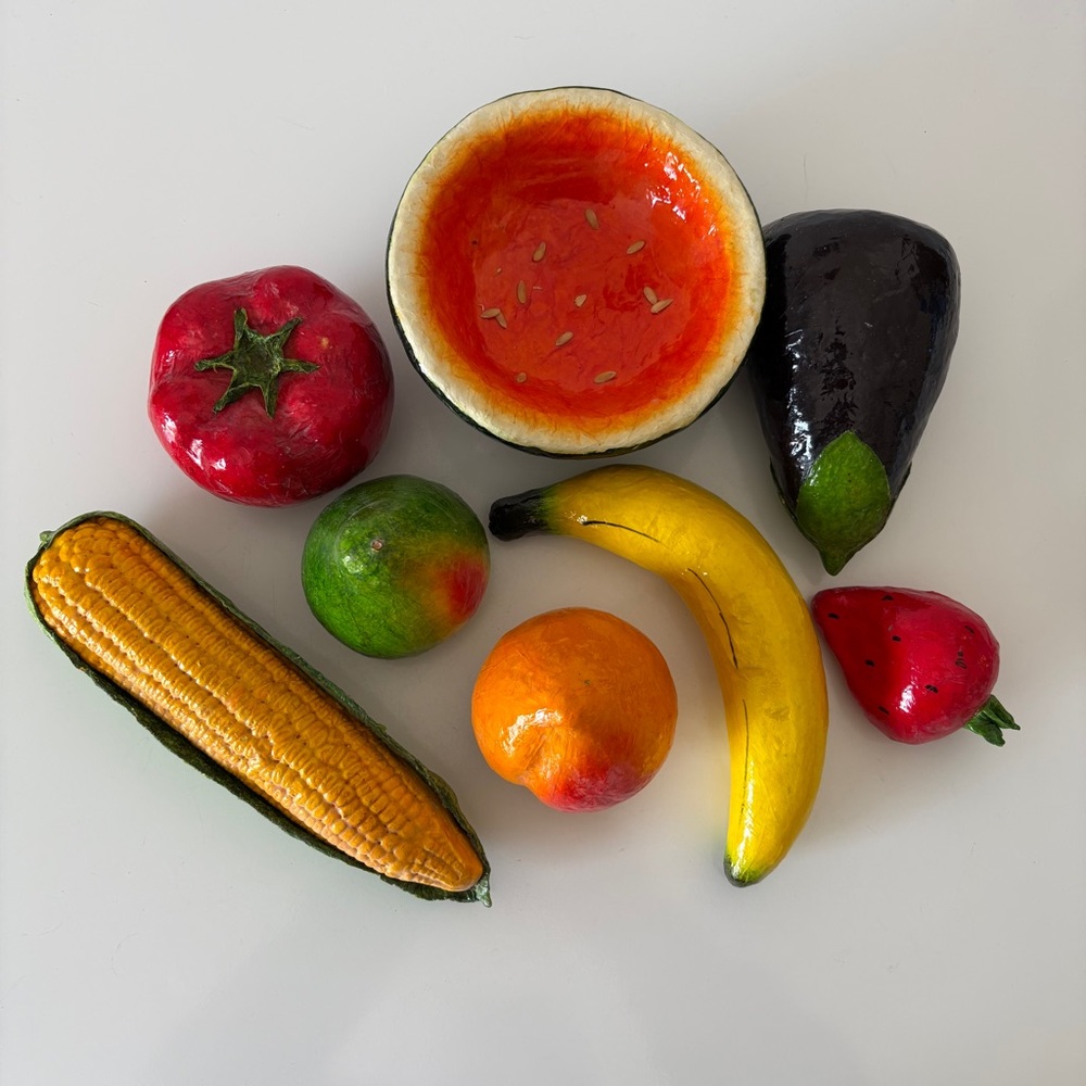 Vintage Paper Maché Fruit and Vegetables Strawberry Melon Tomato Eggplant Corn